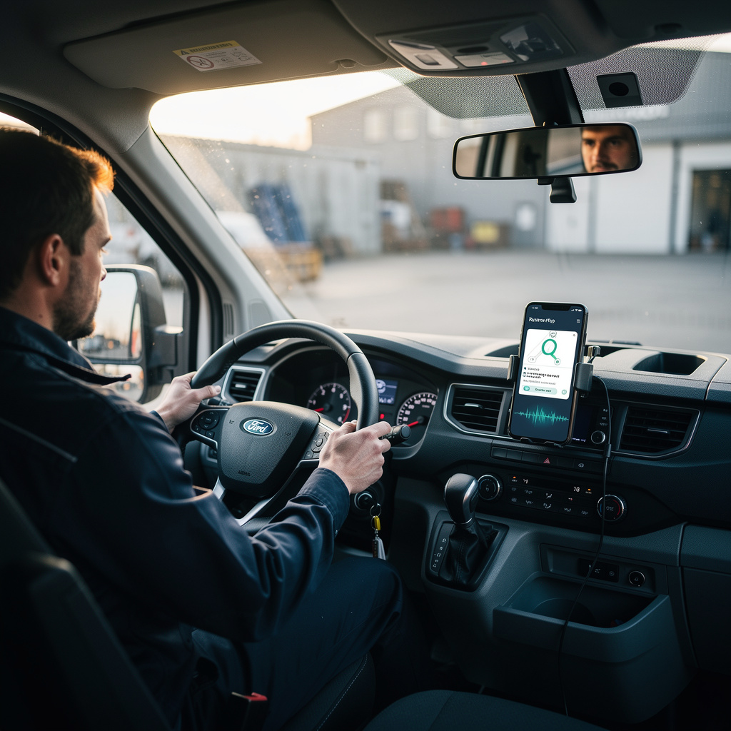 Service technician in front of an industrial machine with a digital AI briefing
