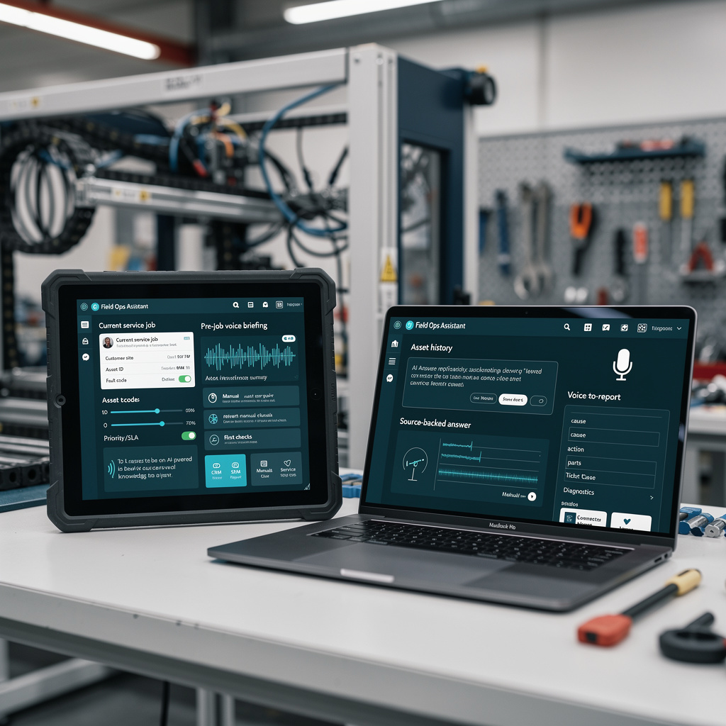 Field Ops Assistant dashboard with job briefing, history, and diagnostic recommendations