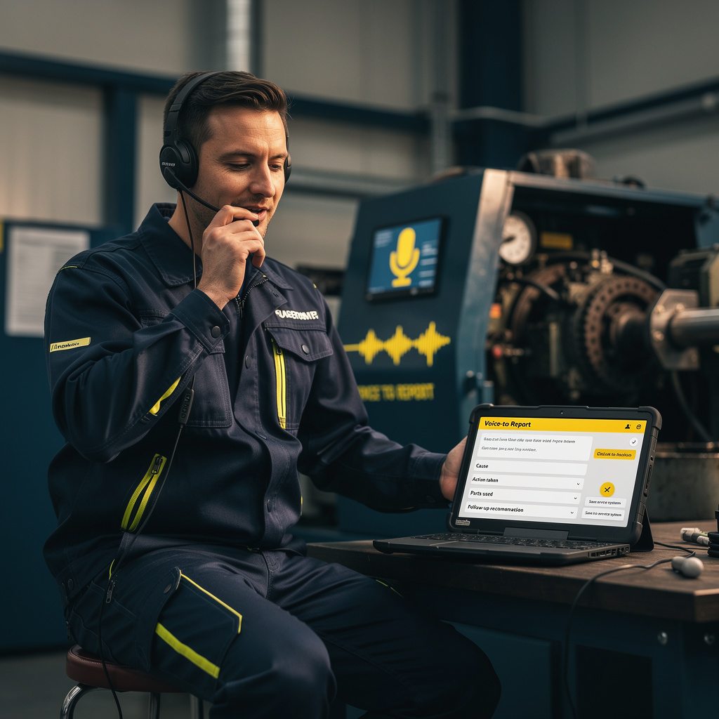 Technician dictates a report that becomes structured service knowledge